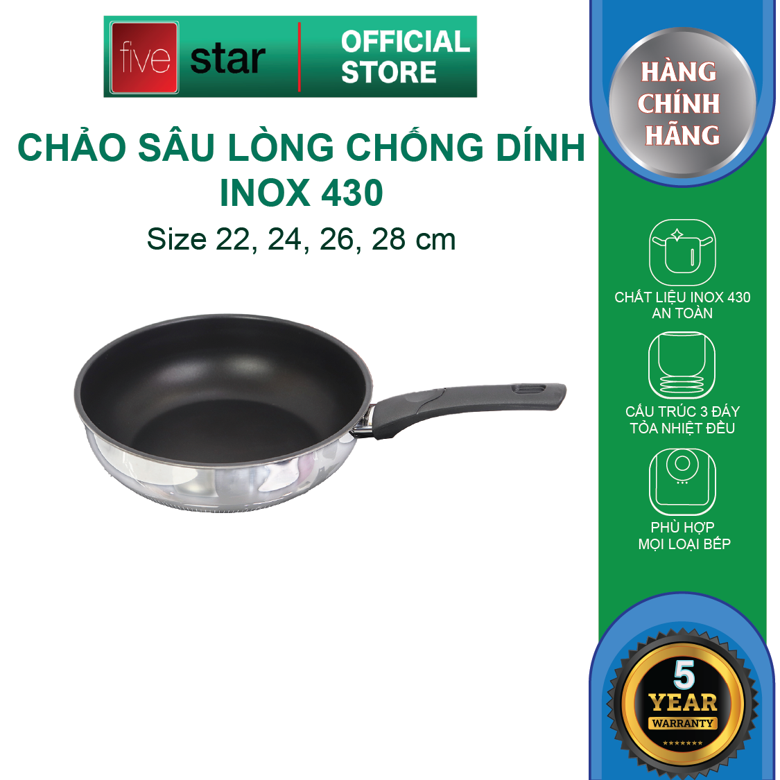 Chảo Chống Dính Bếp Từ Sâu Lòng 3 Đáy Cao Cấp , tặng 1 sạn dừa