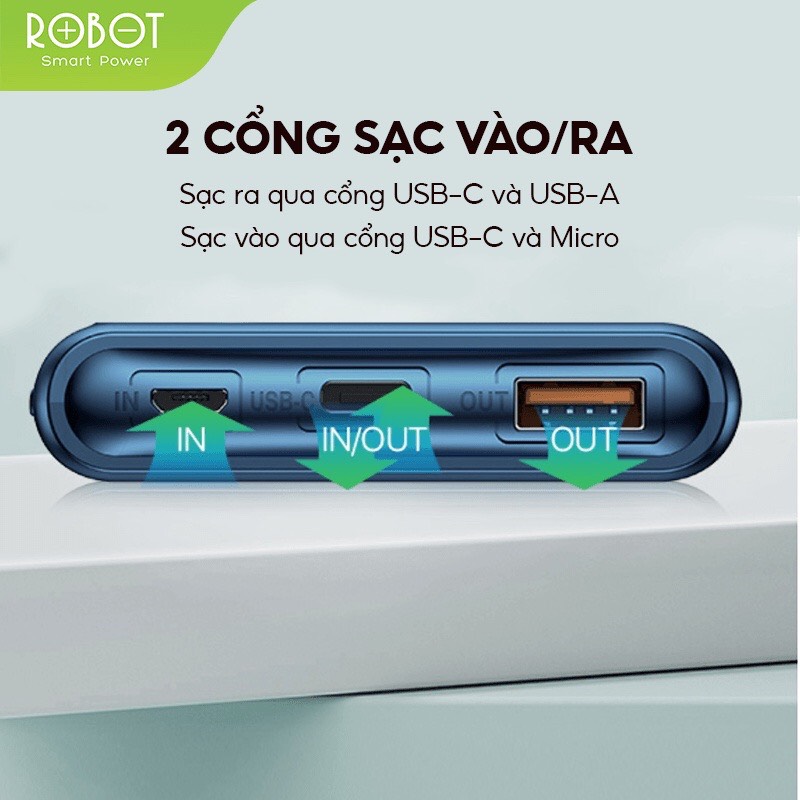 Pin Sạc Dự Phòng 10.000mAh ROBOT RT100Q - Chuẩn Sạc Nhanh PD/QC 3.0 18W, Đèn LED Hiển Thị Mức PIN - HÀNG CHÍNH HÃNG