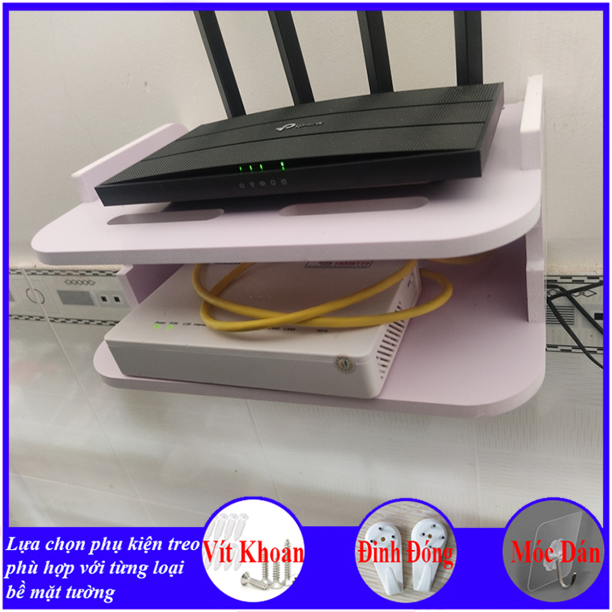 Kệ treo tường, kệ đặt modem wifi, đầu thu kỹ thuật số, remote, điện thoại, chất liệu gỗ Pitech cao cấp màu trắng