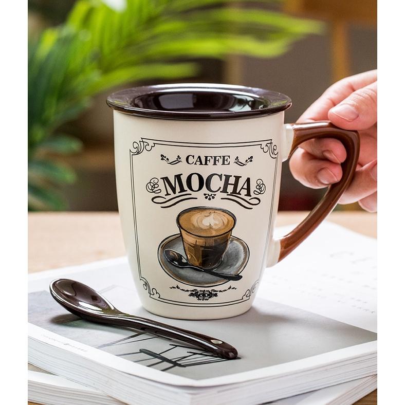 Cốc sứ uống trà, cafe tặng kèm nắp và thìa phong cách vintage 355ml