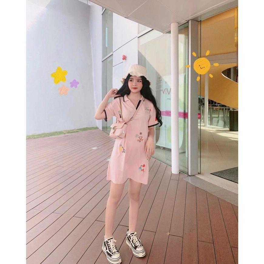 Đầm polo cổ kẻ màu hồng
