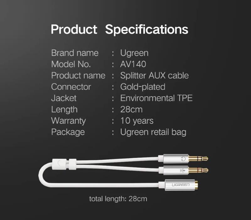 Ugreen UG20897AV140TK 20CM màu Trắng Dây chuyển âm thanh 3.5mm âm sang Jack Mic + Loa dương - HÀNG CHÍNH HÃNG