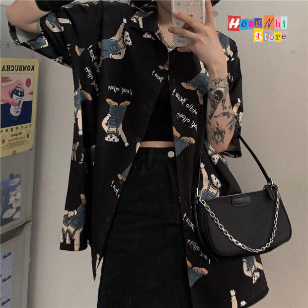 Áo Sơ Mi Hoạ Tiết Tay Lỡ Dáng Rộng, Sơ Mi Hoạt Hình Tay Lửng Unisex - MM