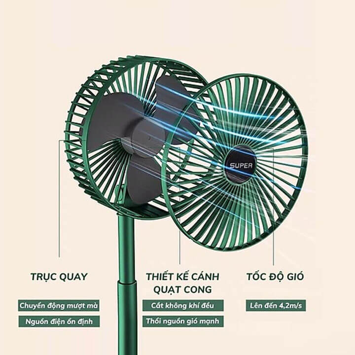 Quạt tích điện mini để bàn gấp gọn Super Fan có thể điều chỉnh độ cao, 3 tốc độ gió, sạc micro USB có giá đỡ điện thoại