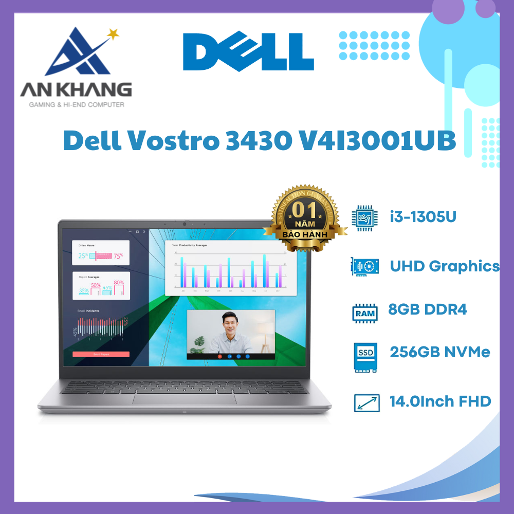 Dell Vostro 3430 V4I3001UB (Core i3-1305U | 8GB | 256GB | Intel UHD Graphics | 14inch FHD | Ubuntu | Xám) - Hàng Chính Hãng - Bảo Hành 12 Tháng