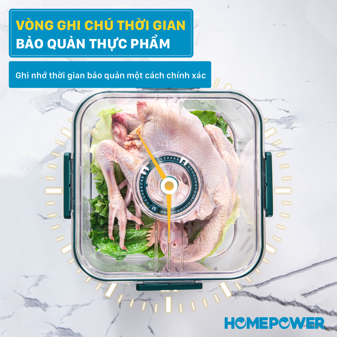 Hộp đựng thực phẩm tủ lạnh, bảo quản đồ ăn rau củ trái cây Homepower 1L/2.5L/5L có lót đáy ráo nước, van thoát khí PET cao cấp