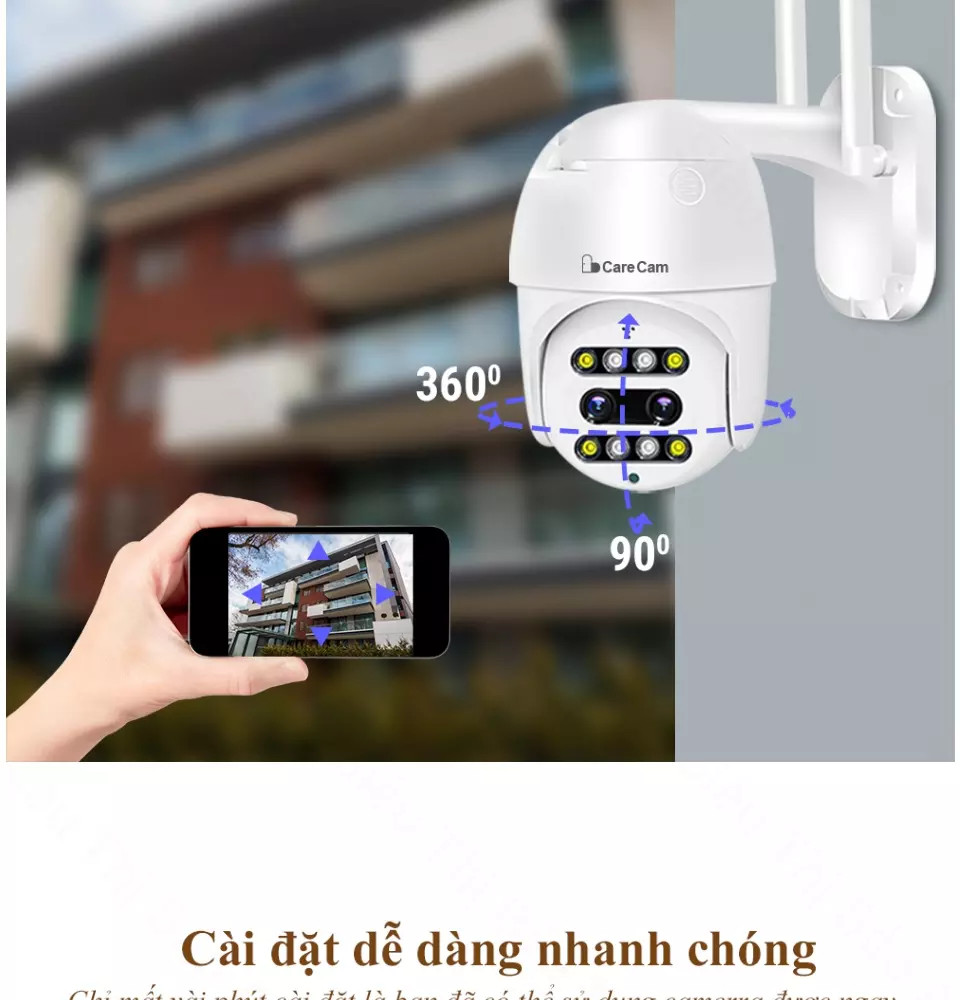 Camera wifi ngoài trời Carecam SM400-PL 4.0 Mpx Full HD- Zoom 10x – 8 LED- Camera mắt kép thông minh hình ảnh sắc nét - Đàm thoại ghi âm 2 chiều - Hồng ngoại xem đêm - Cảnh báo chuyển động chống trộm - Chống nước- Hàng nhập khẩu