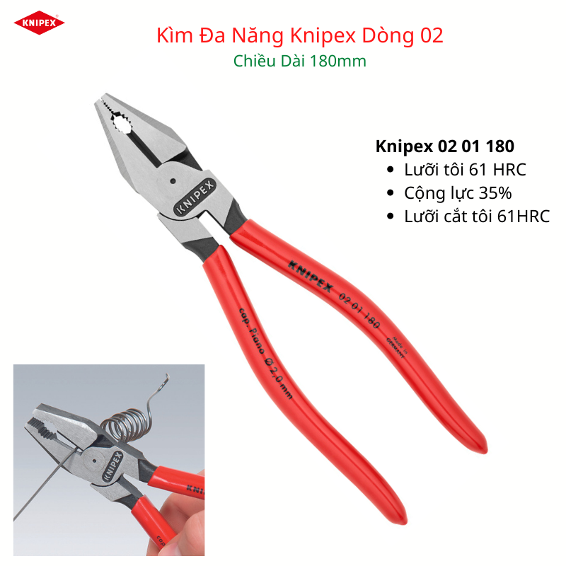 Kềm Đa Năng Knipex Chiều Dài 180mm Lưỡi Cắt 63HRC, Cộng Lực Cao 35% Gồm 02 01 180/ 02 02 180/ 02 05 180 và 02 06 180 - Sản Xuất Tại Đức