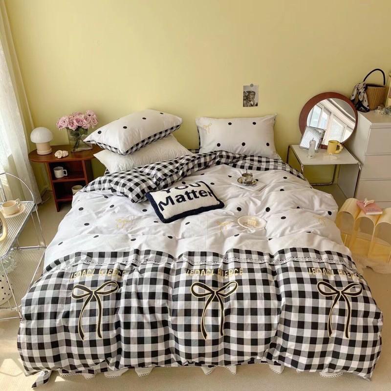 Set Chăn Ga Gối Cotton Living Dây Nơ 100% cottonHàng Nhập Khẩu Cao Cấp 4 Món Nơ Xinh Chấm Bi