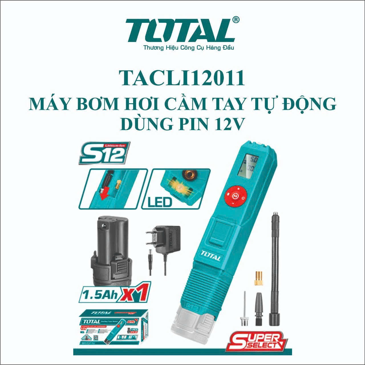 Máy bơm hơi  cầm tay tự  động dùng pin  Lithium 12V TOTAL TACLI12011