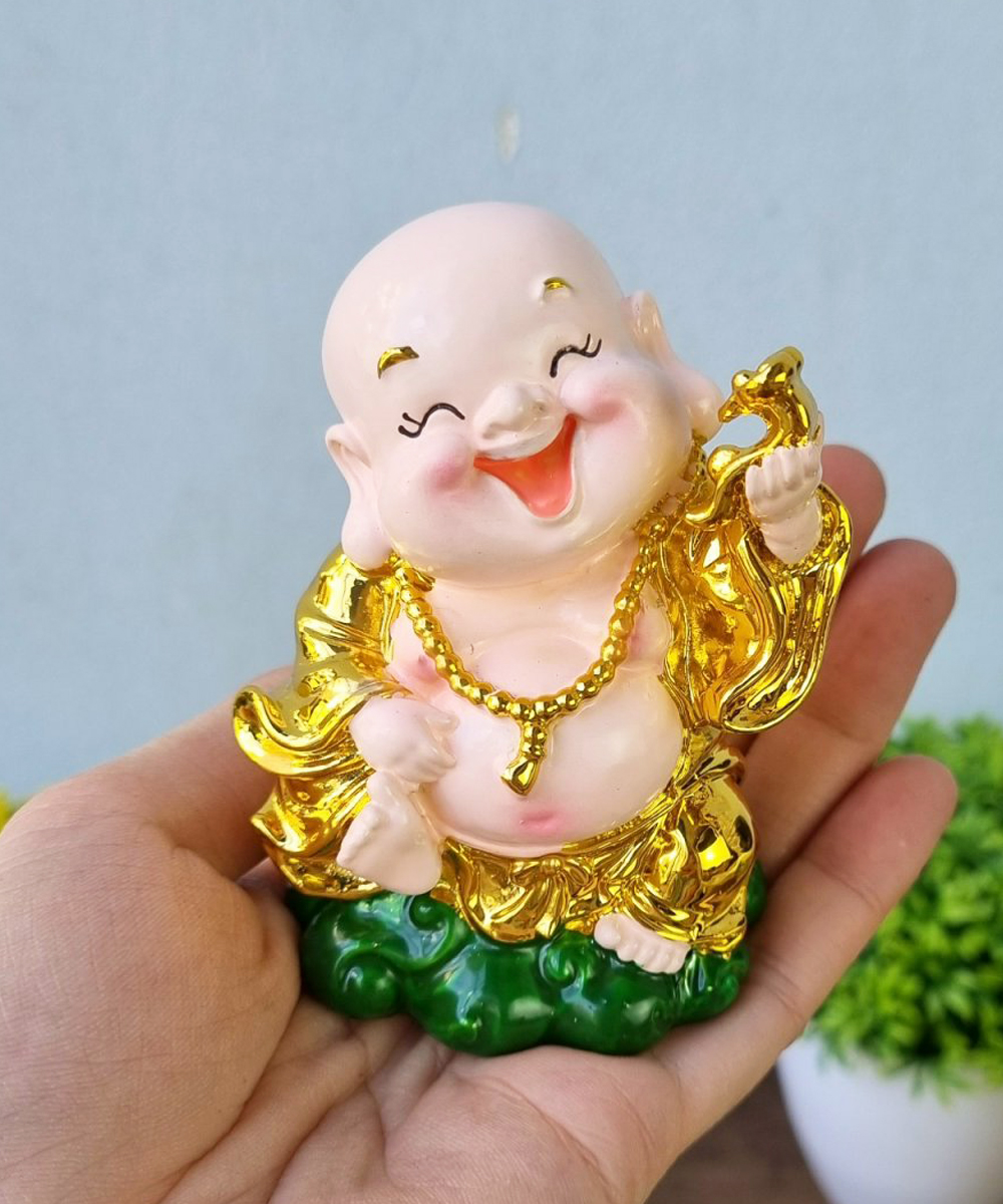 Bộ 05 tượng Di Lặc 9cm xi vàng kèm chân đế tam cấp vuông