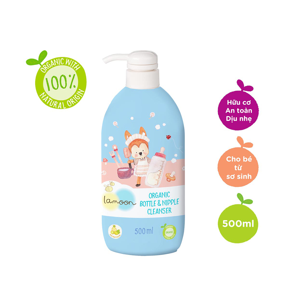 COMBO 2 Bình Nước Rửa Bình Sữa Organic An Toàn Cho Bé Lamoon 500ml TẶNG 1 Bình Sữa PP Ty Siêu Mềm Tự Nhiên 150ml