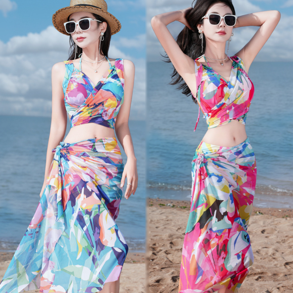 Bikini Set 3 Mảnh Kèm Khăn Choàng Họa Tiết Sang Đẹp Vải Thun Lạnh BK001 MayHomes Đồ Bơi Nữ 3 Mảnh
