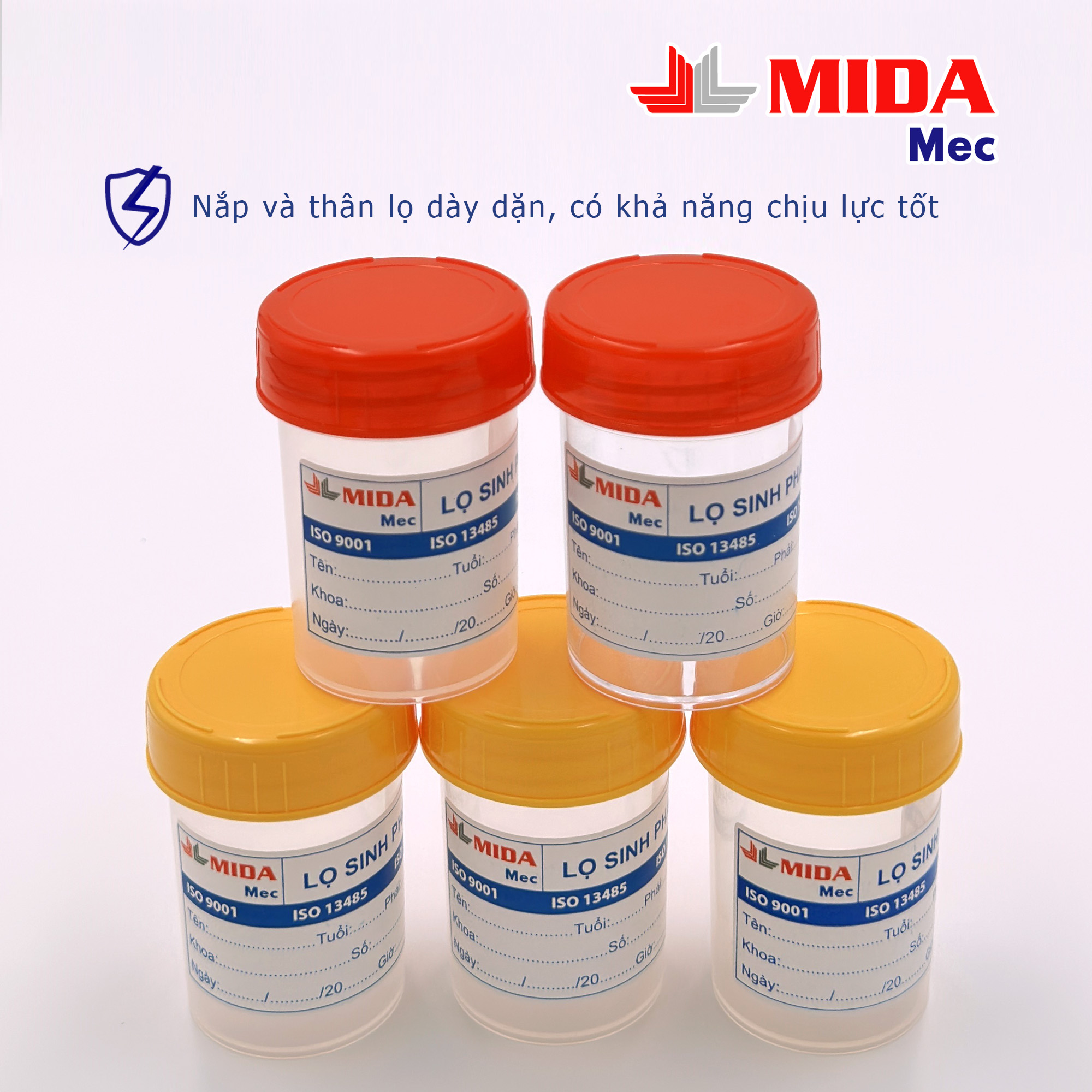 Lọ sinh phẩm Mida Mec không gá 40ml PP đóng gói 100 lọ/bao - Nắp Đỏ