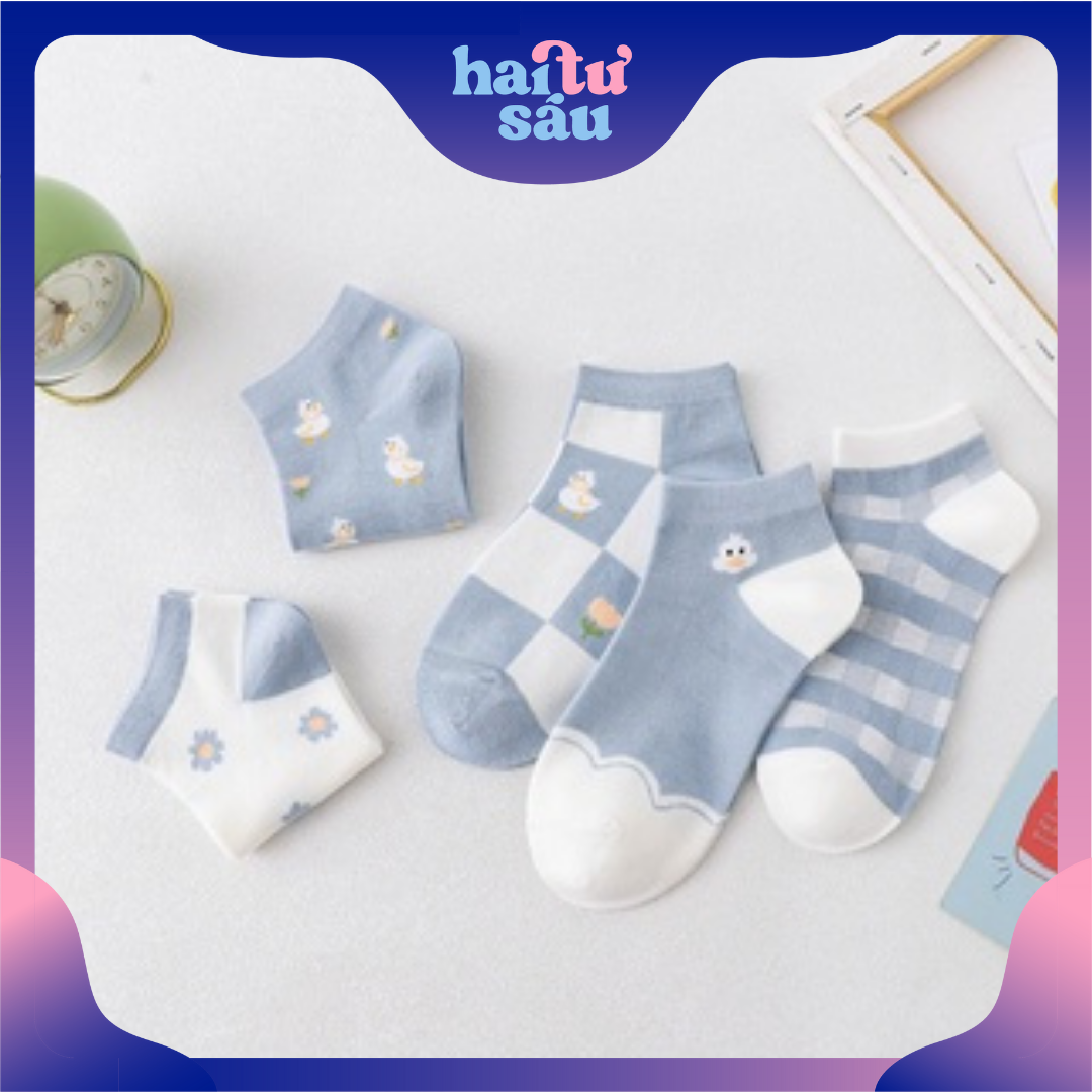 Tất nữ vớ nữ cổ ngắn set 5 đôi họa tiết cute dễ thương kèm túi - màu vịt xanh dương