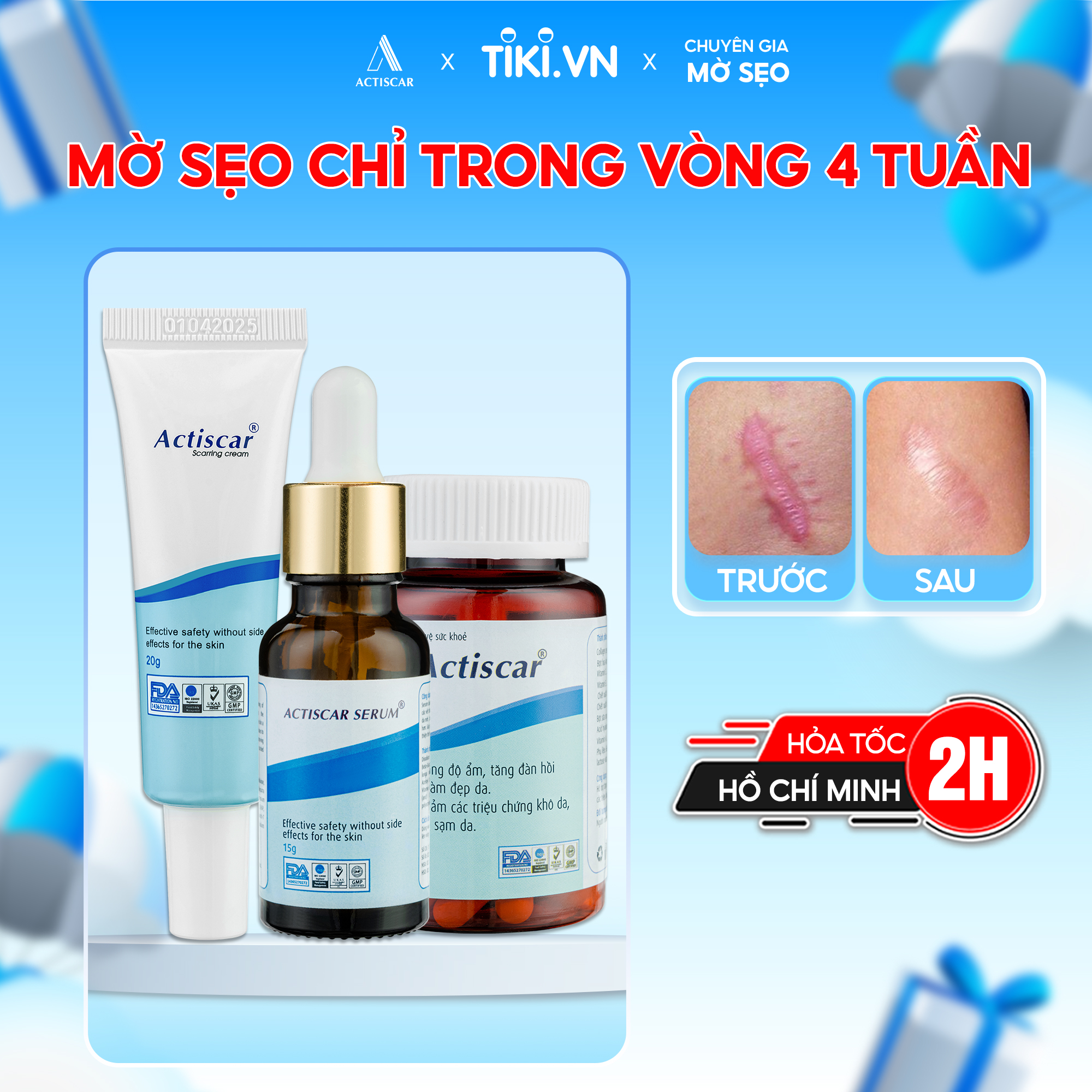 Combo Bộ 3 Hỗ Trợ Trị Sẹo Actiscar Gồm Kem Serum Viên Uống Làm Mờ Sẹo Lồi, Lõm , Rỗ Thâm - Combo 3
