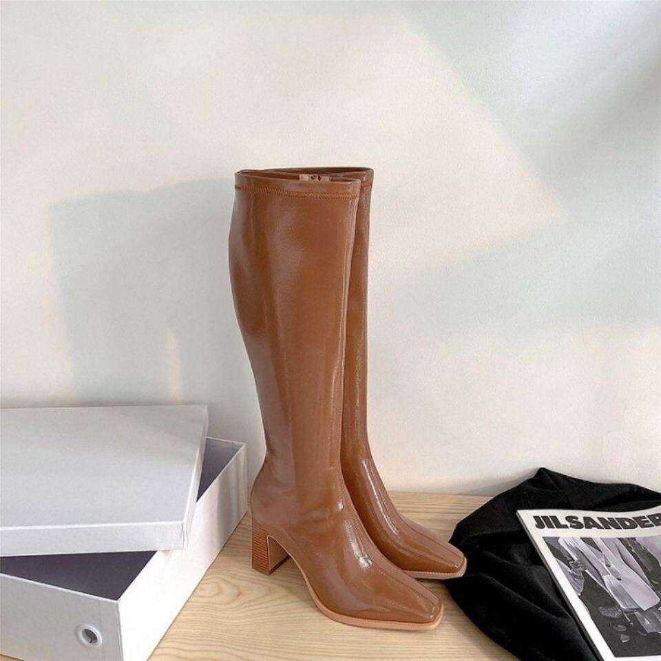 Hàng Loại 1 Boots đùi da bóng, đế vân gỗ cao 7cm sang chảnh cho bạn gái bắp chân nhỏ B009