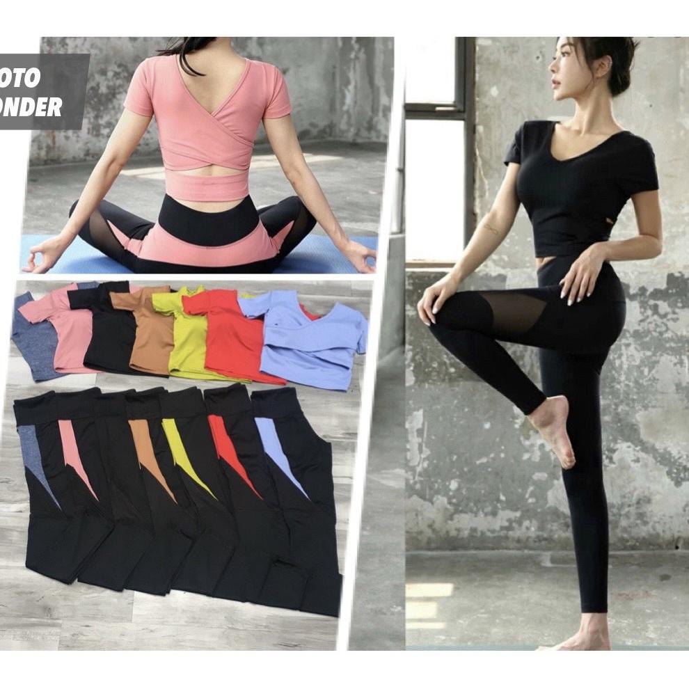 Quần áo tập yoga nữ, bộ đồ tập yoga gym nữ áo croptop chéo lưng siêu xinh