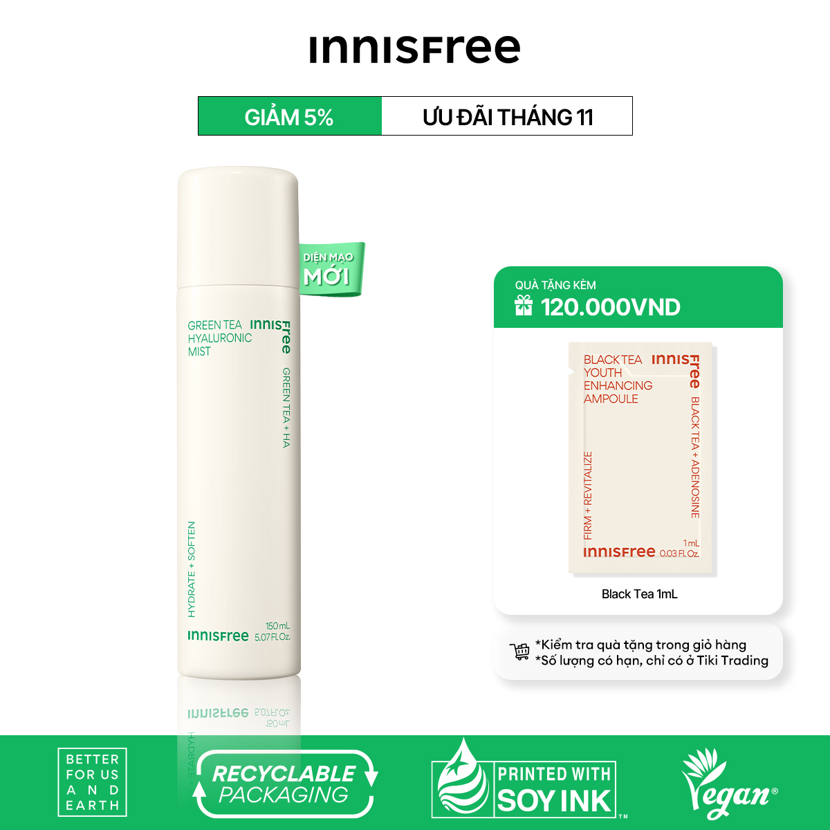 Xịt khoáng dưỡng ẩm trà xanh innisfree Green Tea Mist 150ml