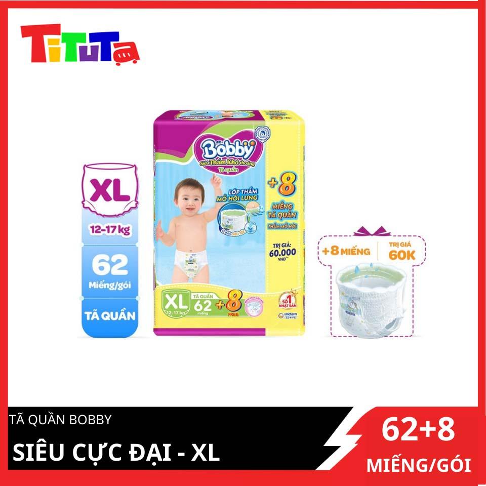 Tã quần Bobby - Đệm Lưng Thấm Mồ Hôi XL62 (62 miếng) - Tặng 8 miếng trong gói