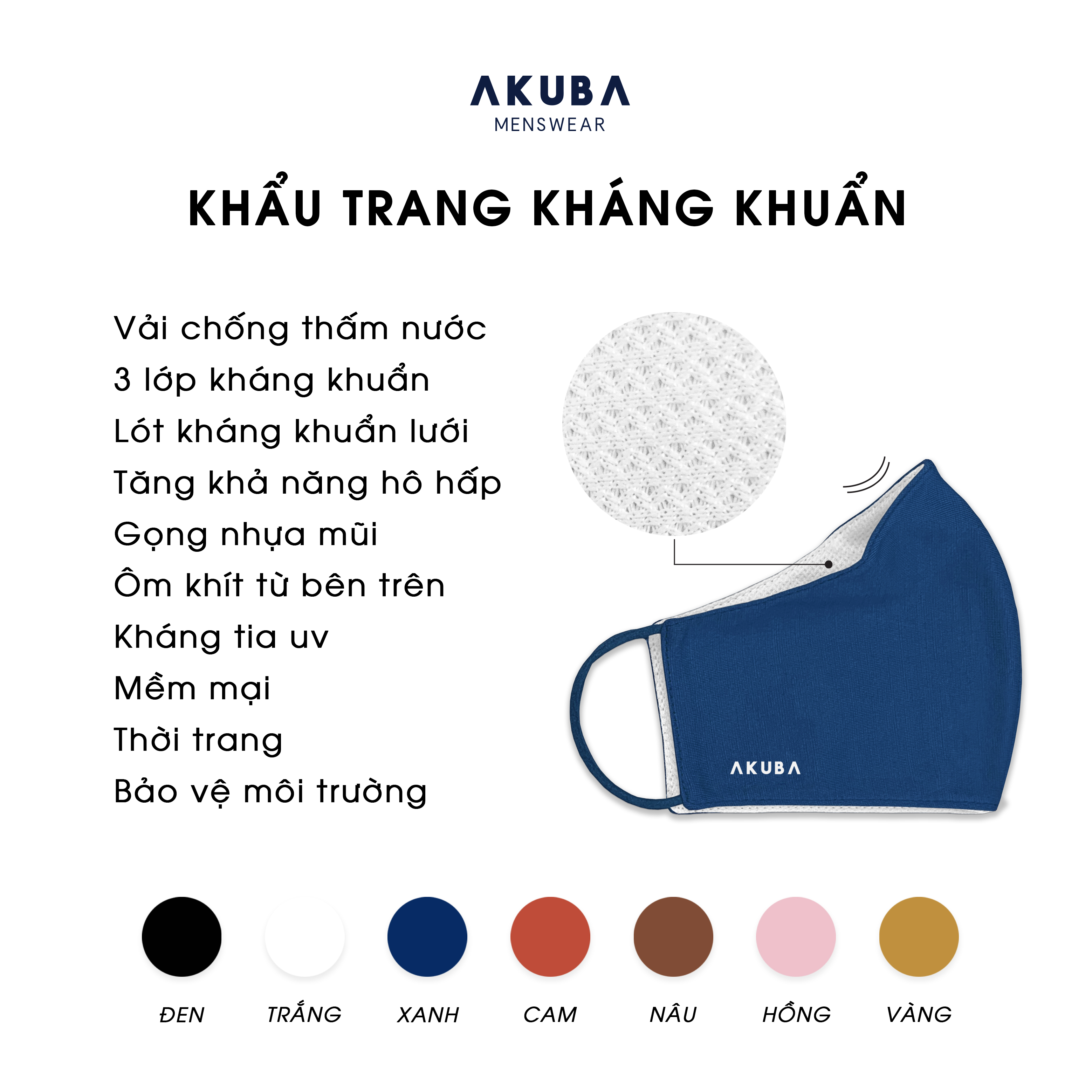 Combo khẩu trang vải thời trang 3 lớp kháng khuẩn chống tia UV AKUBA nhiều màu, mềm mại, lót kháng khuẩn lưới, điều hòa không khí tốt 02