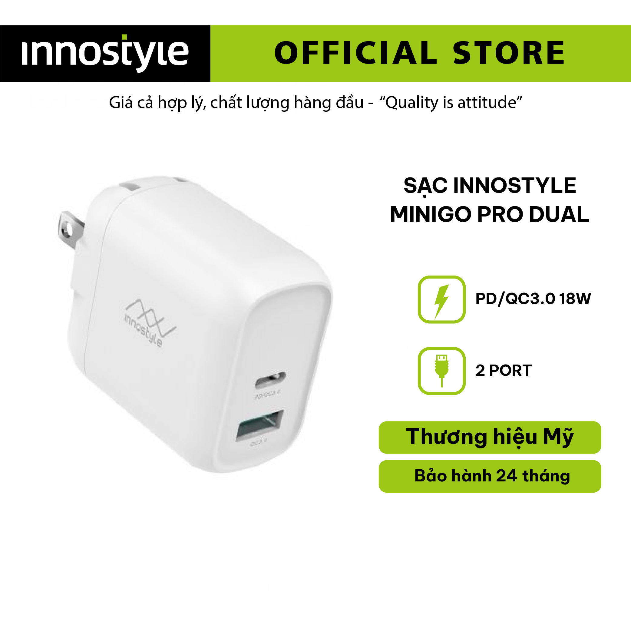 SẠC NHANH INNOSTYLE MINIGO PRO DUAL PD/QC3.0 18W WHITE – IP18-2PDWHI - HÀNG CHÍNH HÃNG