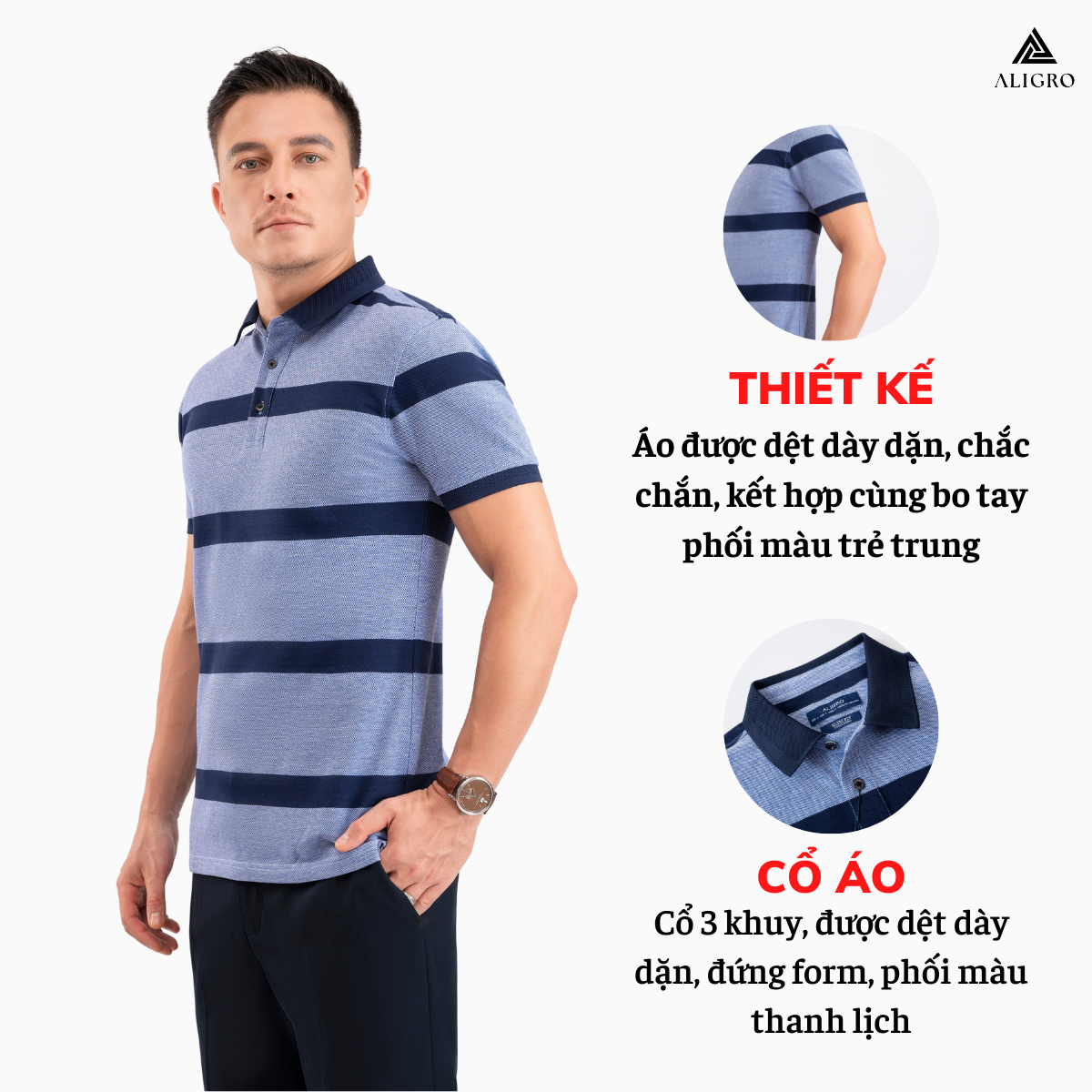 Áo Polo nam ngắn tay kẻ ngang navy-xanh ALGPLO97