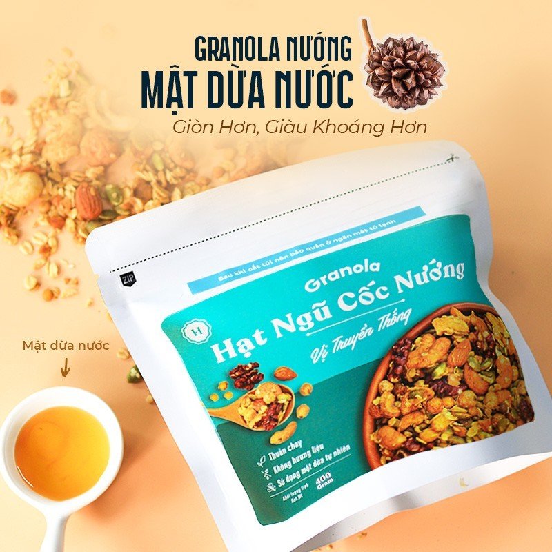 Granola nướng giòn tan - Vị truyền thống túi 400g - Dùng mật dừa nước, 0 trái cây sấy, GI thấp - Hạt ngũ cốc giảm cân - HeydayCacao