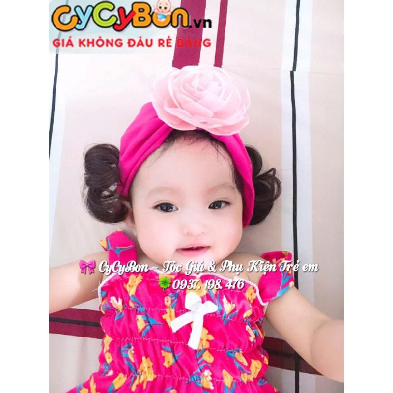 Mũ Nón Turban Tóc Giả Cho Bé Gái Màu Hồng Đậm Đính Bông Hồng Ruốc Vải Cotton Co Giãn