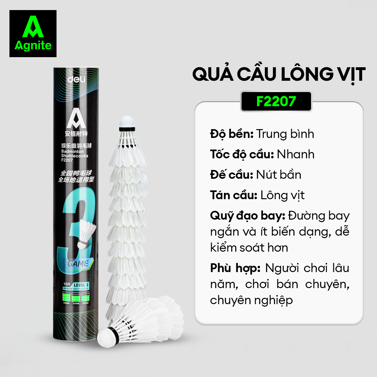 Hộp 12 Quả Cầu Lông Chính Hãng Agnite - Lông Ngỗng, Lông Vịt Cao Cấp - Chắc Chắn, Chịu Va Đập, Cầu Bền Đường Bay Ổn Định - 1 Hộp 12 Quả - Lông Vịt F2207