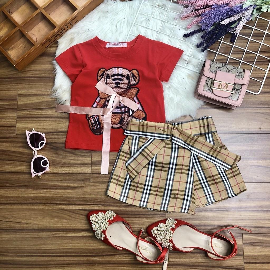 Set áo gấu phối quần giả váy cho bé gái từ 10-30kg chất cotton mềm mát