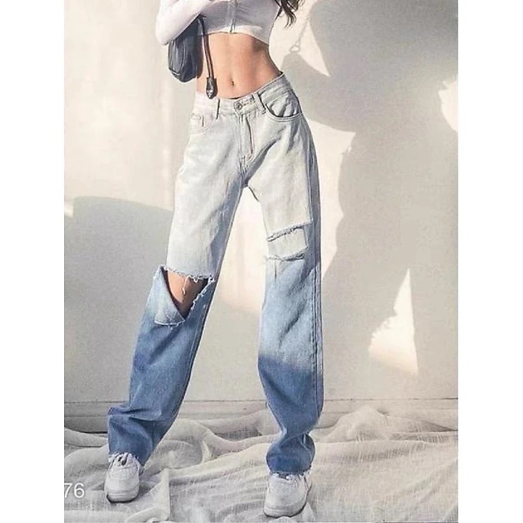 Quần Jean Nữ Ống Rộng Lưng Cao Trơn Loang 2 Màu Rách Gối Kiểu ULZZANG