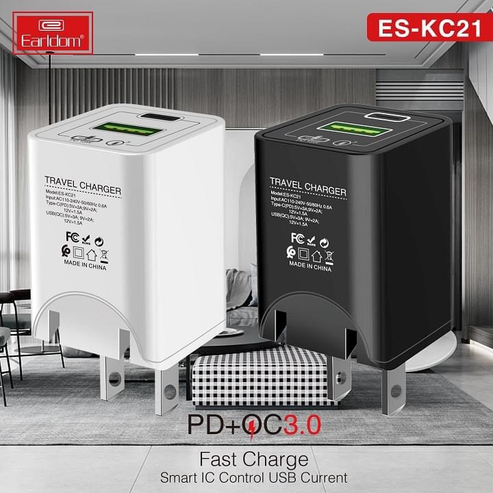 Củ Sạc Nhanh 18W Earldom KC21 Quick Charge 3.0 và Type C Power Delivery - Hàng Chính Hãng (Màu Ngẫu Nhiên)