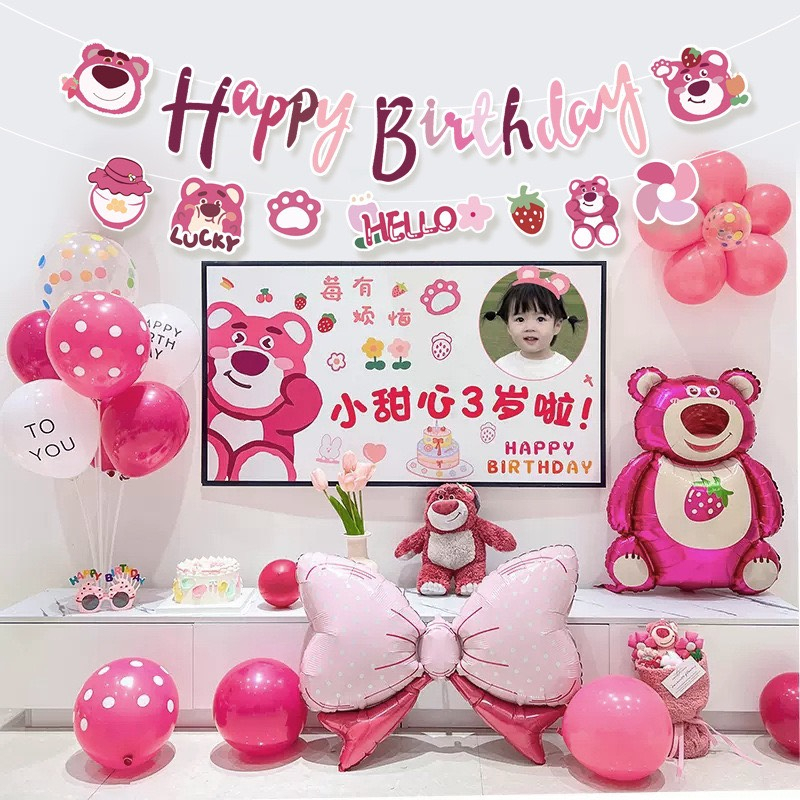 Dây treo chữ happy birthday hình gấu dâu trang trí sinh nhật