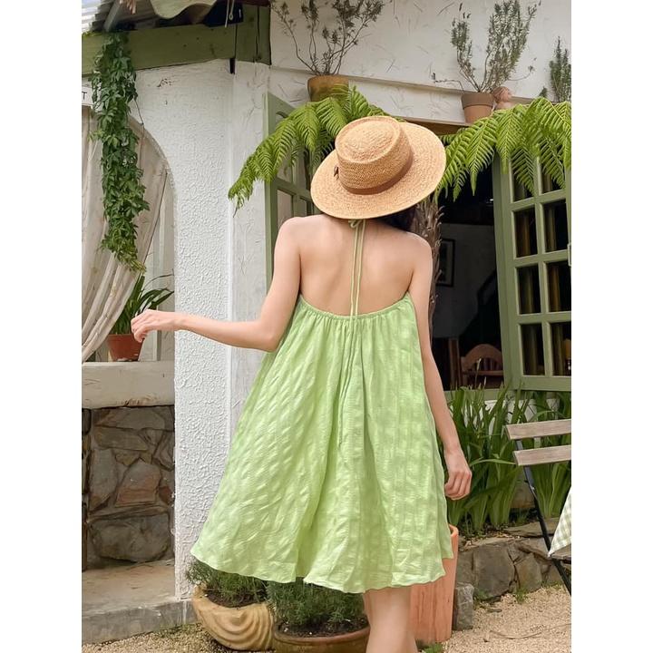 Đầm cổ yếm, chất cotton thô hai lớp, thích hợp đi biển và dạo phố