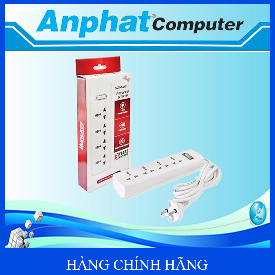 Ổ cắm điện Huntkey SZM401 2500W, 4 lỗ 3 chân đa năng, chống sét, cáp 1.5m - Hàng Chính Hãng