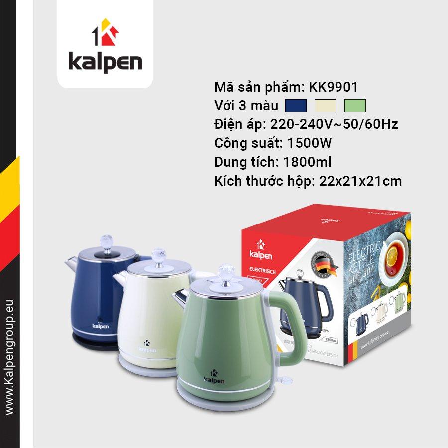Ấm đun nước siêu tốc Kalpen KK9901 dung tích 1.8 lít, công suất 1500W, chất liệu inox 304 - BHàng chính hãng