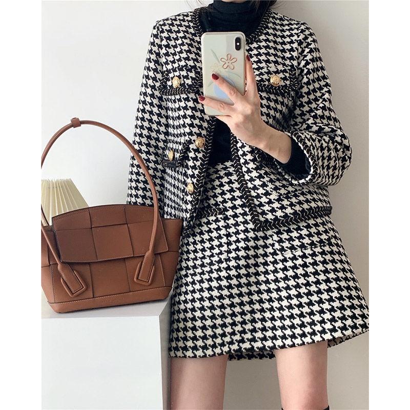 LEN DẠ TWEED | Set Len Giả Dạ Tweed Nữ Tiểu Thư Họa Tiết Trám Ô Dày Dặn Gồm Áo Khoác Và Chân Váy Ulzzang