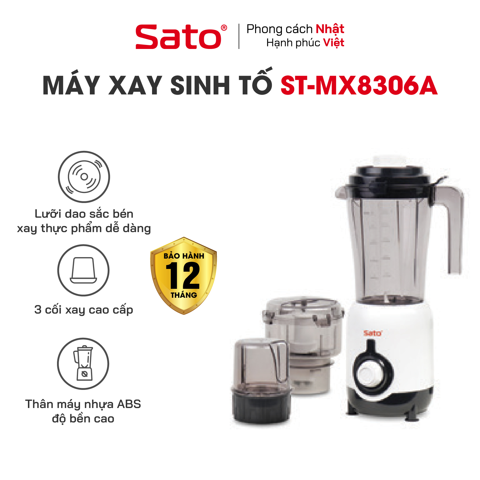 Máy xay sinh tố đa năng SATO MX8306A - Mô tơ điện được quấn dây 100% đồng nguyên chất có độ bền cao - Miễn phí vận chuyển toàn quốc - Hàng chính hãng