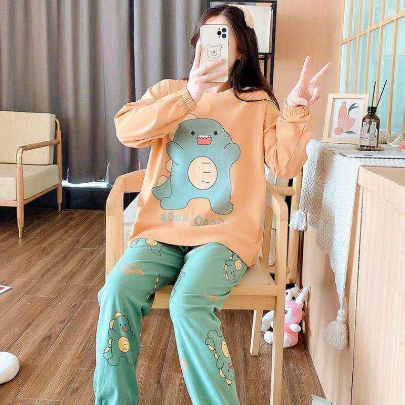 Đồ Bộ Thun Tay Dài Quảng Châu - Pijama Quần Dài - Đồ Mặc Ở Nhà Họa Tiết Hoạt Hình Chú Khủng Long Dễ Thương