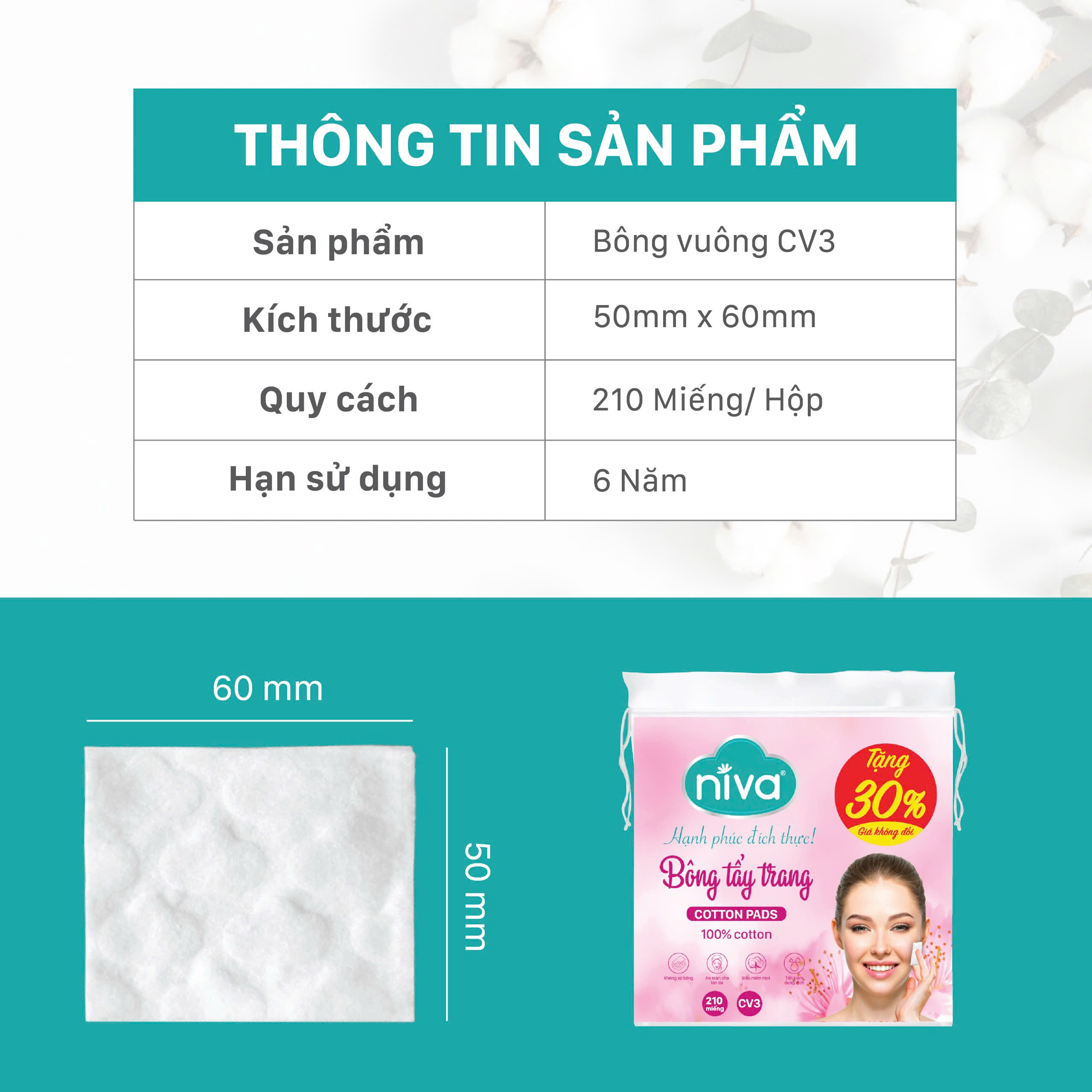 Bông Tẩy Trang Vuông NIVA  Túi 210 Miếng Cotton Pads Cao Cấp CV3 Bản Cải Tiến Bông Thiên Nhiên Thuần Khiết