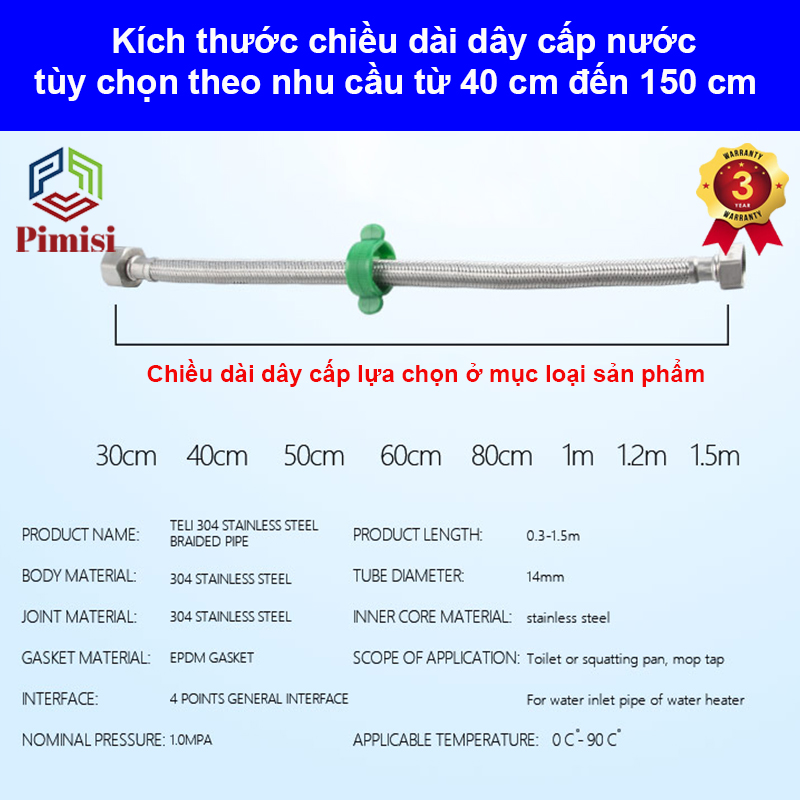 Dây cấp nước nóng lạnh inox 304 Pimisi chịu nhiệt độ cao làm ống dẫn nước cho vòi rửa mặt lavabo - bình nóng lạnh - bồn cầu - bồn tắm - vòi rửa bát với kích thước chiều dài 40-60-80-100-120-150 cm với 2 đầu ren 21 | Chính hãng