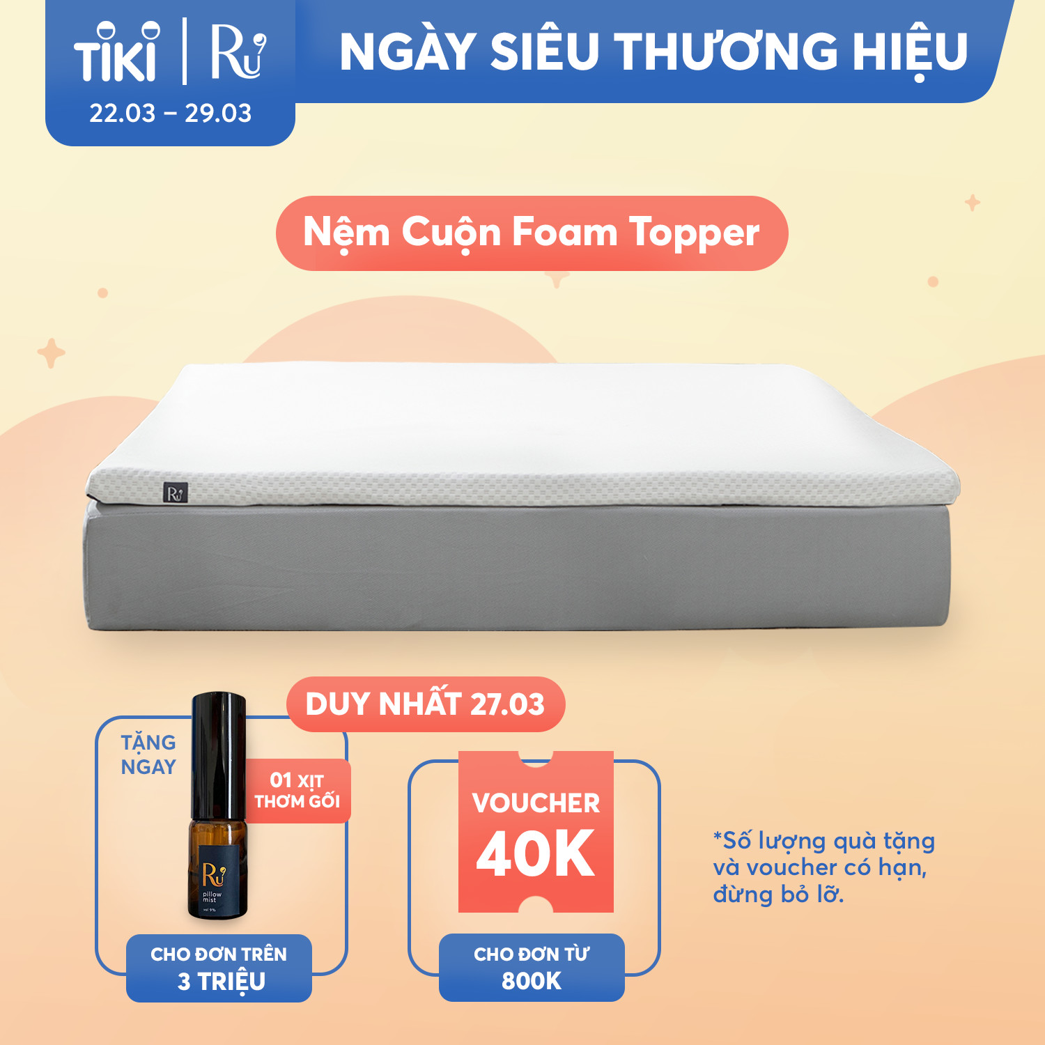 Nệm Cuộn Trải Sàn Cao Cấp (Foam Topper) Ru9 - Thoải Mái Mọi Nơi | Lớp Foam Nâng Đỡ | 7 Kích Thước | 30 Ngày 1 Đổi 1