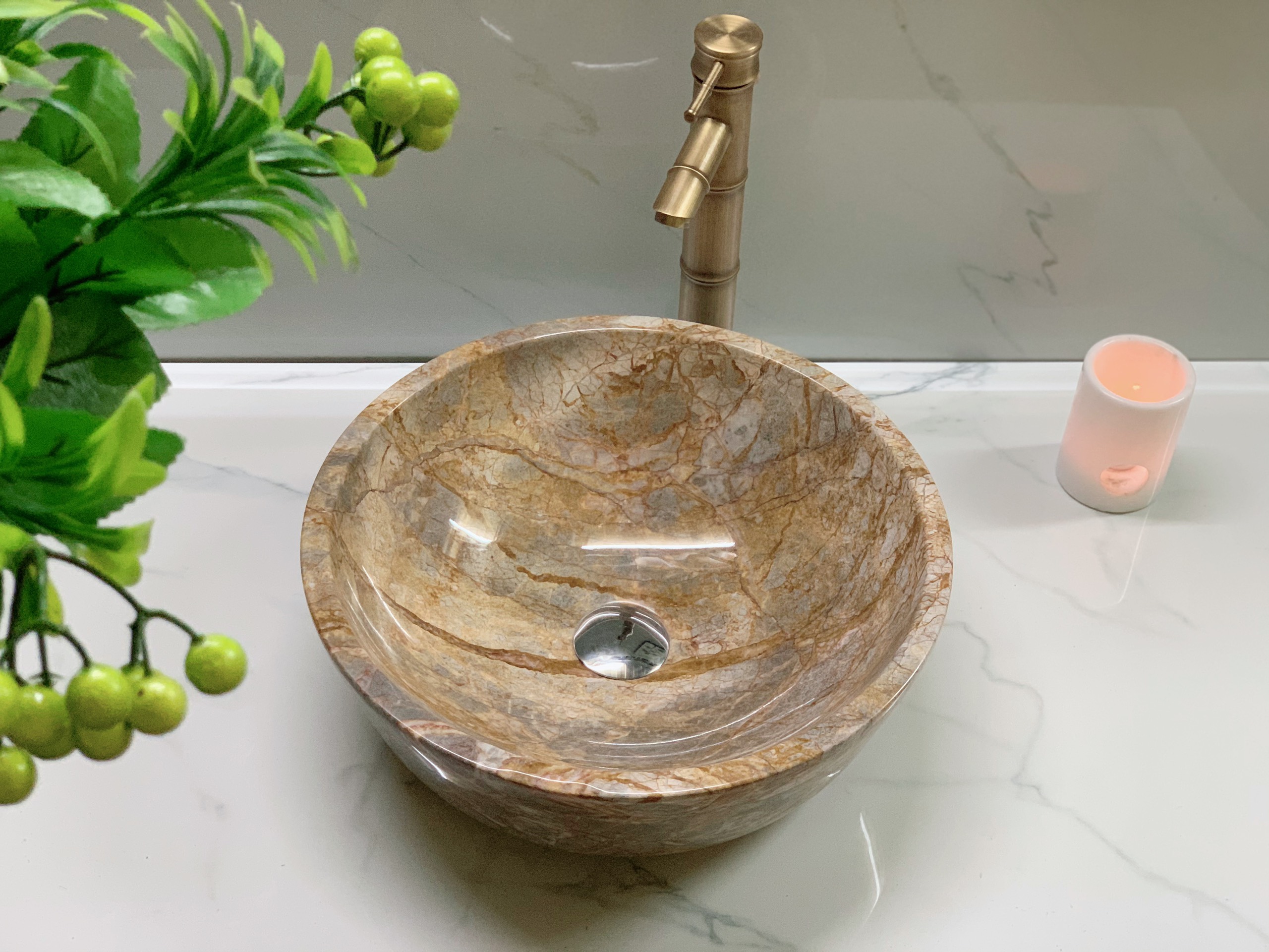 LAVABO ĐẶT BÀN ĐÁ ĐÁ TỰ NHIÊN TRÒN DÀY MÀU VÀNG SỢI DK31