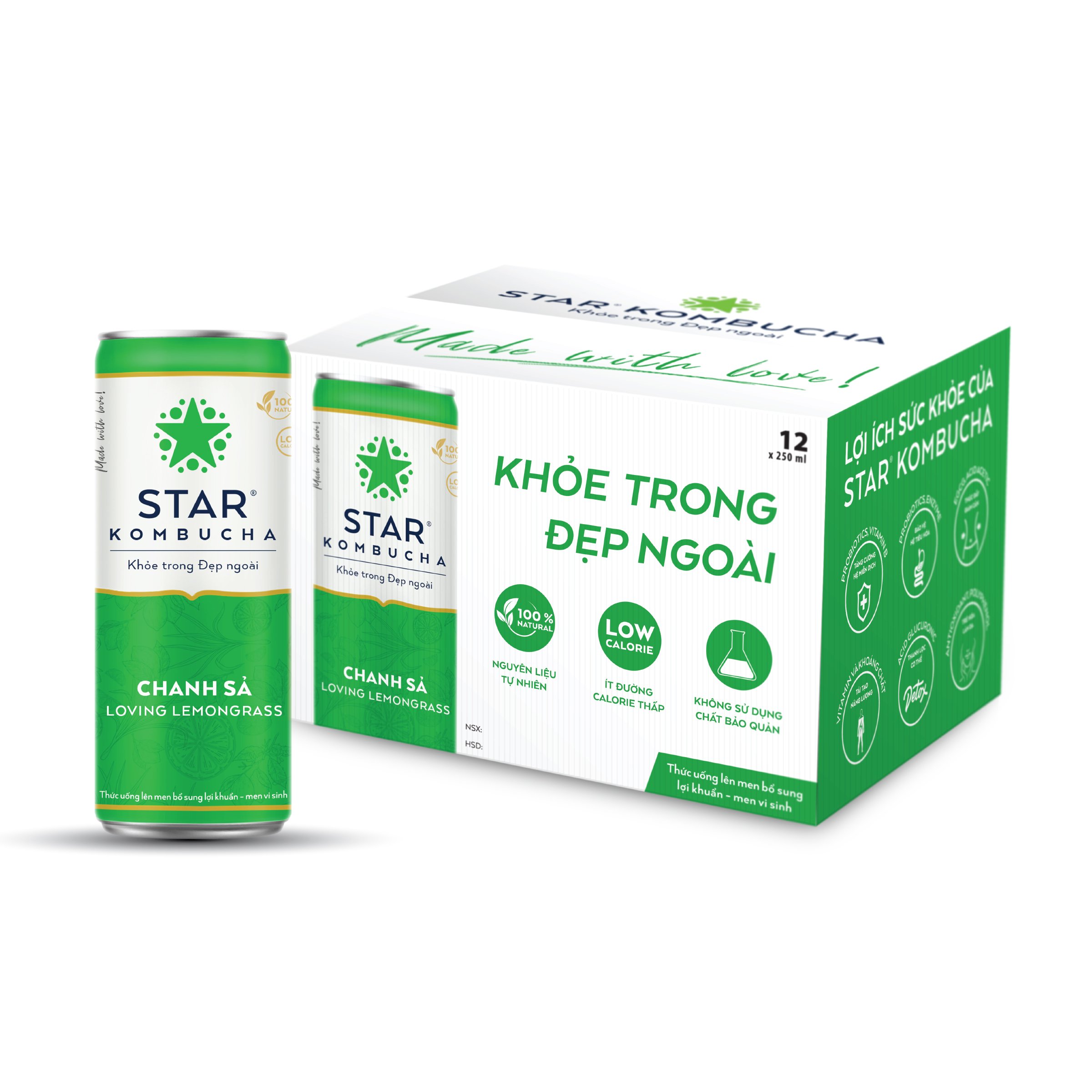 Thùng 12 lon thức uống lên men STAR KOMBUCHA Chanh Sả / Loving Lemongrass (250ml/lon)