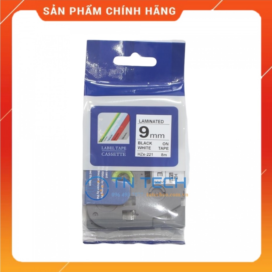 Nhãn In HZE-221 - Đen nền trắng 9mm x 8m - Dùng cho máy in BROTHER - AIMO - PUTY [Hàng nhập khẩu]