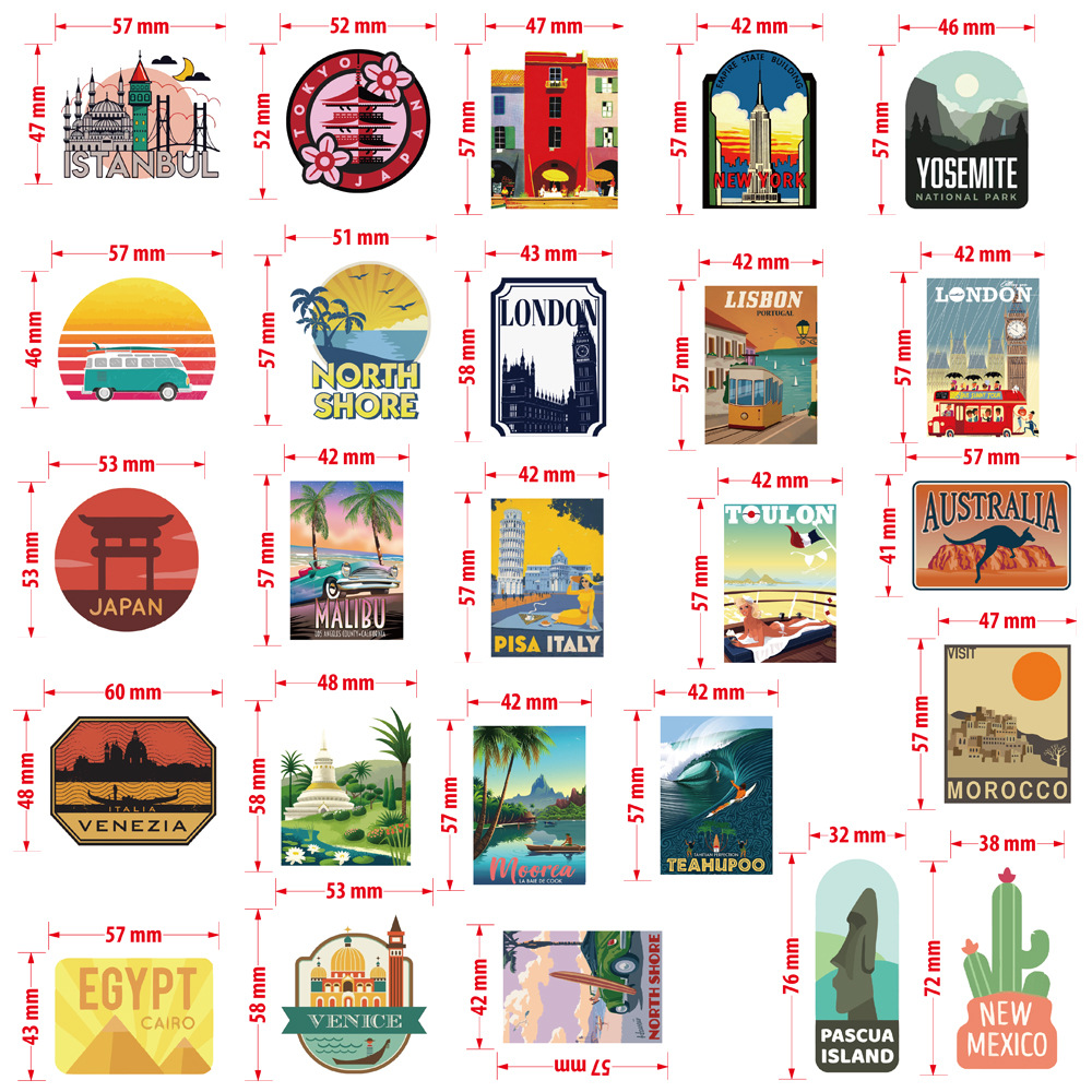 50 Stickers Vintage Travel Label trang trí laptop, điện thoại, ipad, cốc nước, sổ tay, vali du lịch, scooter, ván trược - Chống thấm nước - FiDi