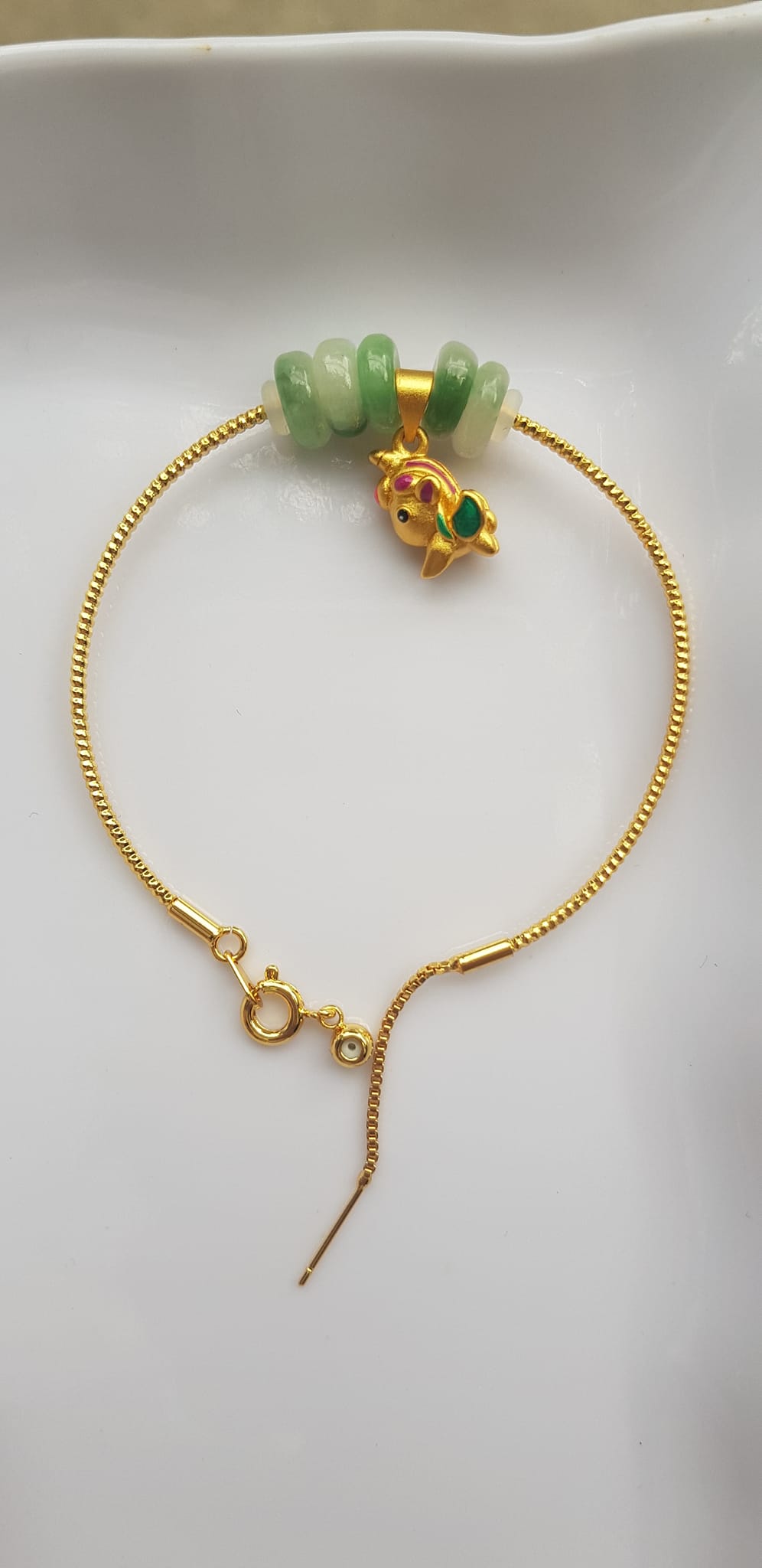 Vòng Tay charm xinh đẹp 5 đồng tiền đá cẩm thạch tự nhiên Đồng tiền Xanh ngọc trắng phối charm chú dê nhỏ may mắn Vòng màu vàng khoen rút xinh Nữ đeo dễ thương ạ