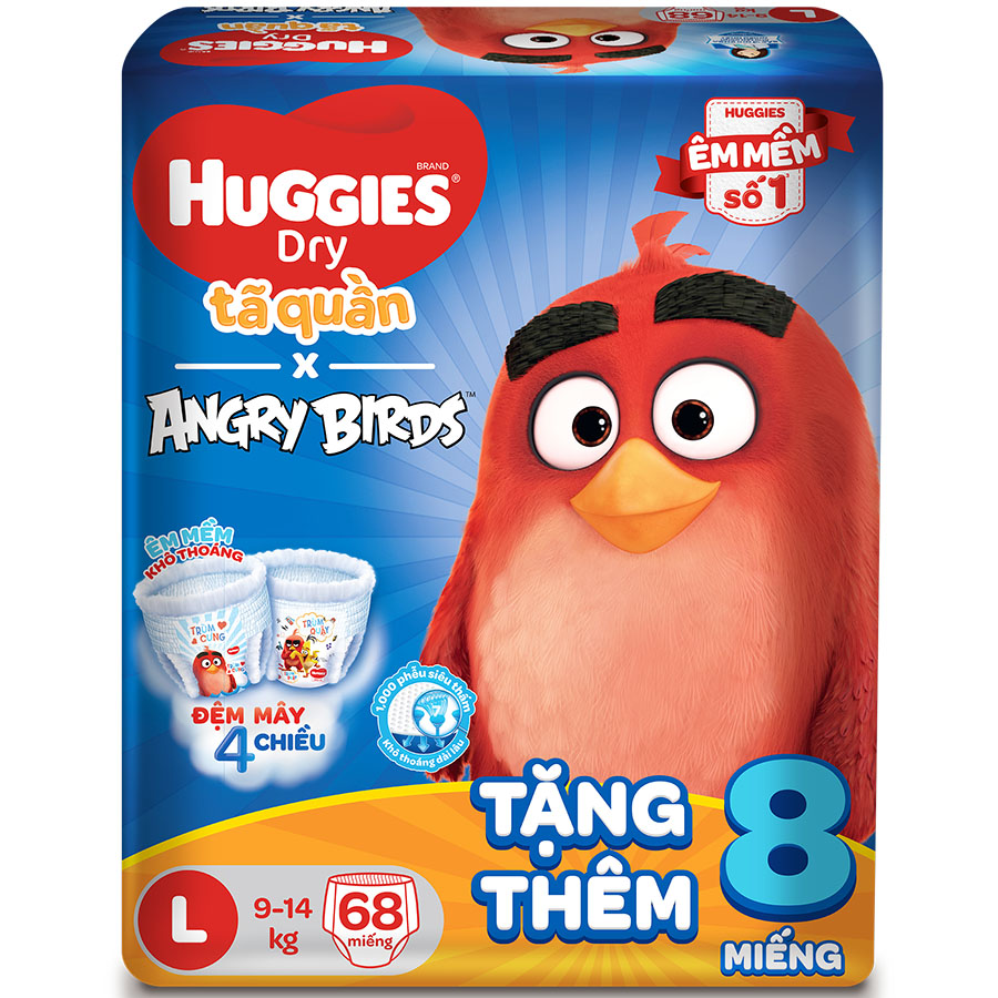 Tã Quần Huggies Dry Gói Cực Đại Angry Birds Phiên Bản Giới Hạn L68 (68 Miếng) - Tặng 8 Miếng