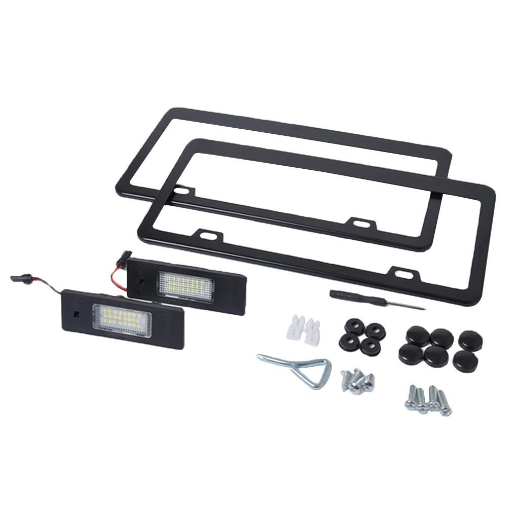 2 Pieces LED License Plate Lights+Stainless Steel Black Car License Plate Frames Set For BMW E81